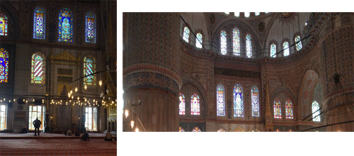 Prayer hall and stained glass windows in the Blue Mosque