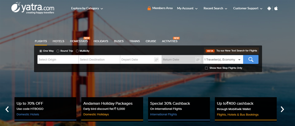 yatra website home page